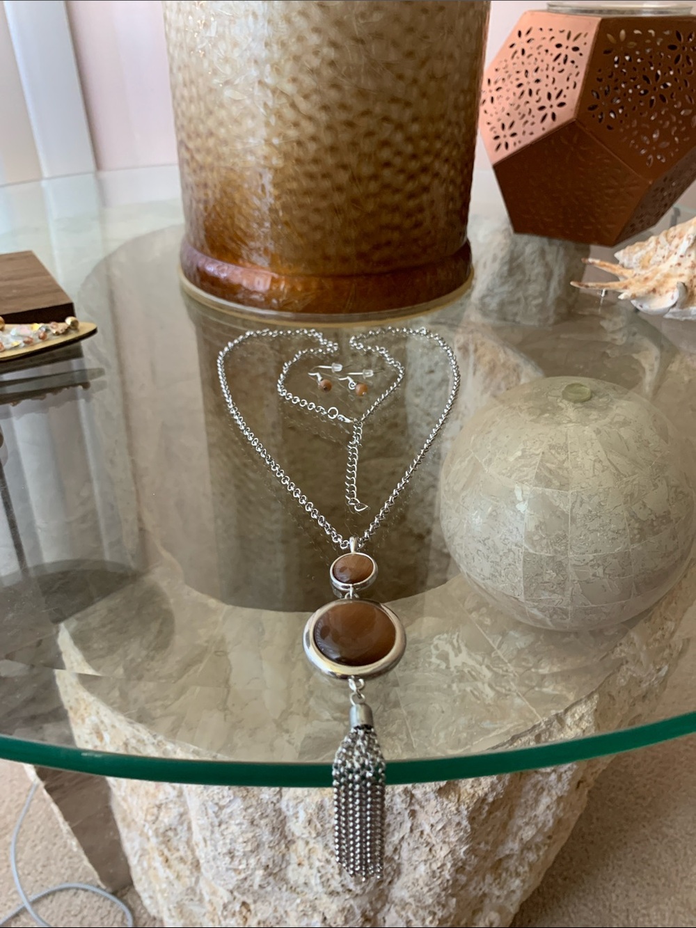 Silver Tassel Necklace with Brown Stone Pendant and Earrings